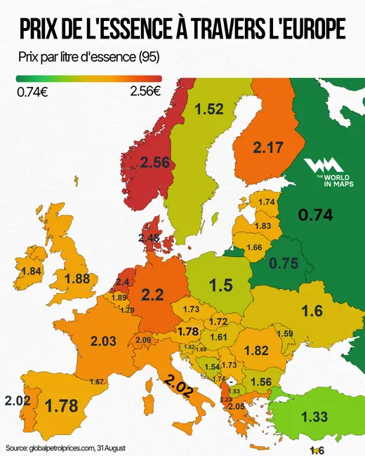 Le prix de l'essence à travers l'Europe.