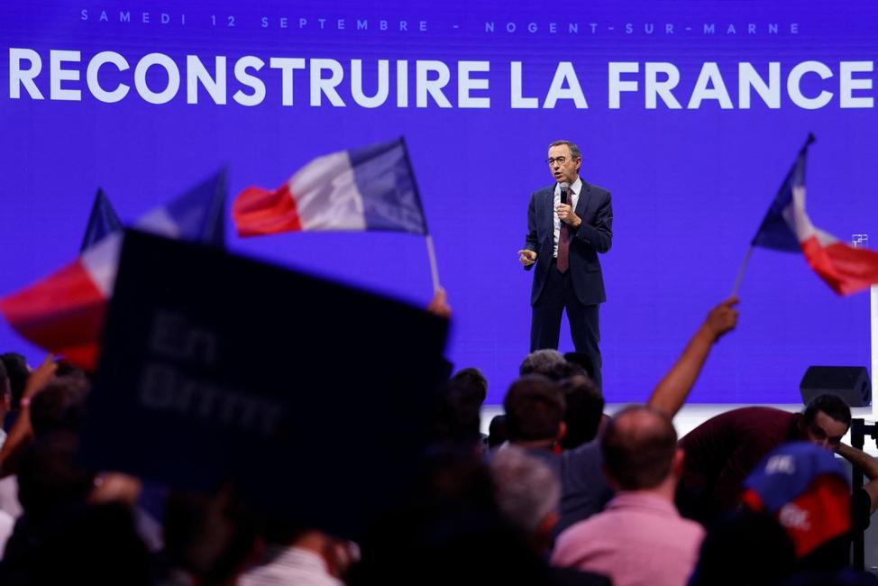 Bruno Retailleau, président du parti Les Républicains (LR) et candidat à l'élection présidentielle française de 2027, prononce un discours lors d'un meeting à Nogent-sur-Marne, à l'est de Paris, le 12 septembre 2026.