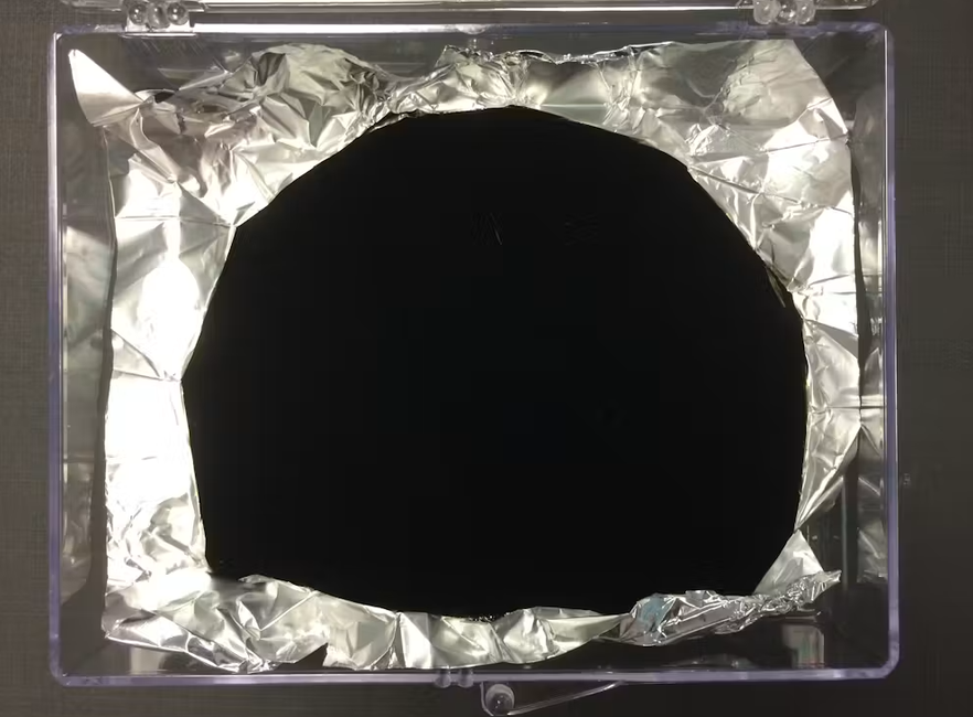 Vantablack sur du papier d'aluminium, illustrant sa capacité à effacer la texture visuelle des objets. 