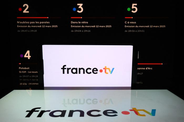 Cette photographie d'illustration montre le logo du groupe « France Télévisions », affiché sur des écrans, à Toulouse le 12 mars 2025.
