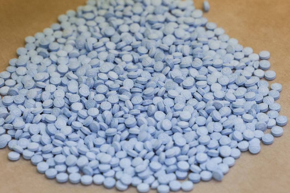 Des comprimés contenant du fentanyl sont exposés au laboratoire régional nord-est de la DEA (Drug Enforcement Administration) à New York, le 7 mai 2026, pour y être analysés. 
