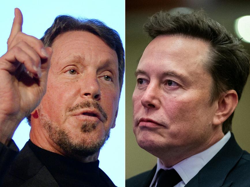 Cette combinaison d'images, montre, Larry Ellison, PDG d'Oracle Corporation, à Tokyo le 9 avril 2014, et Elon Musk à Washington, le 13 novembre 2024.