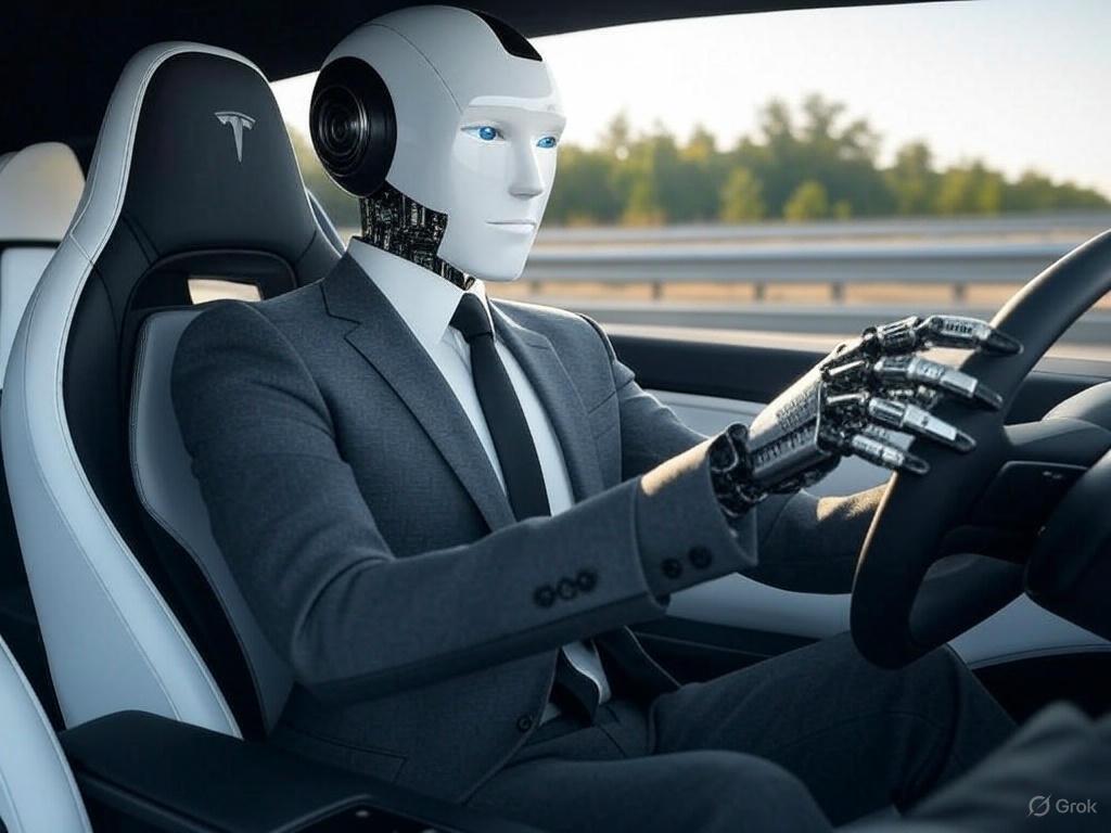 Un androïde doté d'intelligence artificielle, conduisant une Tesla.