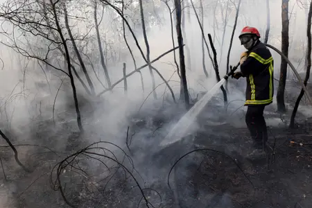 Un pompier arrose une zone forestière brûlée après un incendie de forêt à Saint-Just, dans l'ouest de la France, le 13 août 2026.