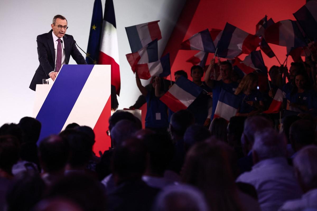 Bruno Retailleau, président du parti Les Républicains (LR) et candidat à l'élection présidentielle de 2027, prononce un discours lors de son meeting de lancement de campagne présidentielle au Parc Floral de Paris, dans le bois de Vincennes, le 20 juin 2026.