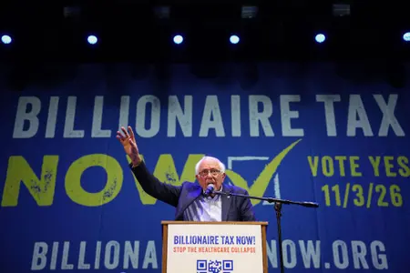 Bernie Sanders, lors du lancement de la campagne pour le California Billionaire Tax Act, à Los Angeles.