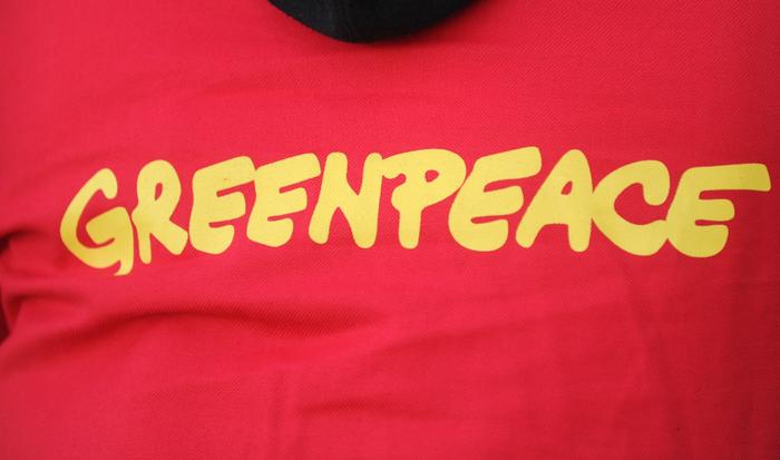 Le logo de l'organisation non gouvernementale environnementale Greenpeace sur le maillot d'un militant lors d'une manifestation.