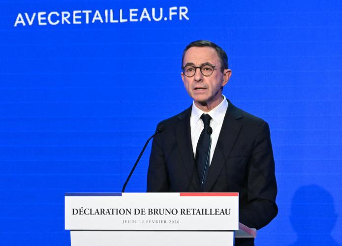 Bruno Retailleau s'adresse à un public à Paris le 12 février 2026, à l'occasion de l'annonce de sa candidature à l'élection présidentielle française de 2027.