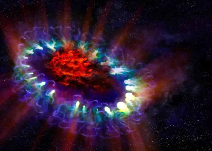 Cette vue d’artiste de la supernova 1987A est basée sur des données réelles et révèle les régions internes froides des restes (en rouge) de l’étoile explosée où d’énormes quantité de poussière ont été détectées et photographiées par ALMA.