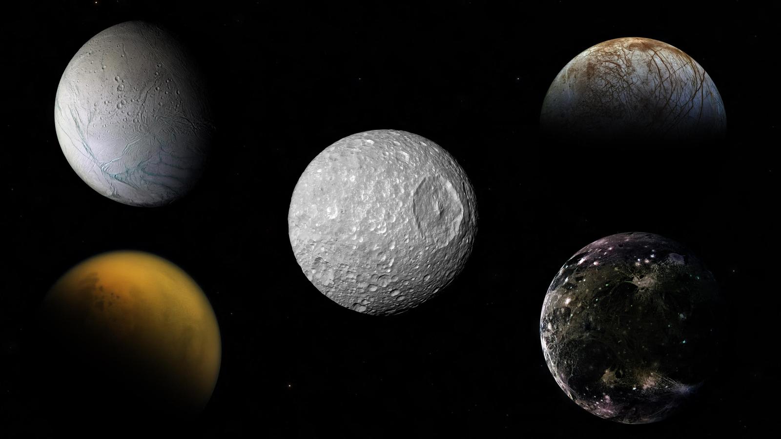 Cette image combinée montre les cinq lunes glacées du système solaire avec des océans liquides, y compris Mimas, l'une des petites lunes de Saturne, d'un diamètre de 400 km.