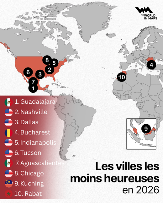 Les villes les moins heureuses en 2026.