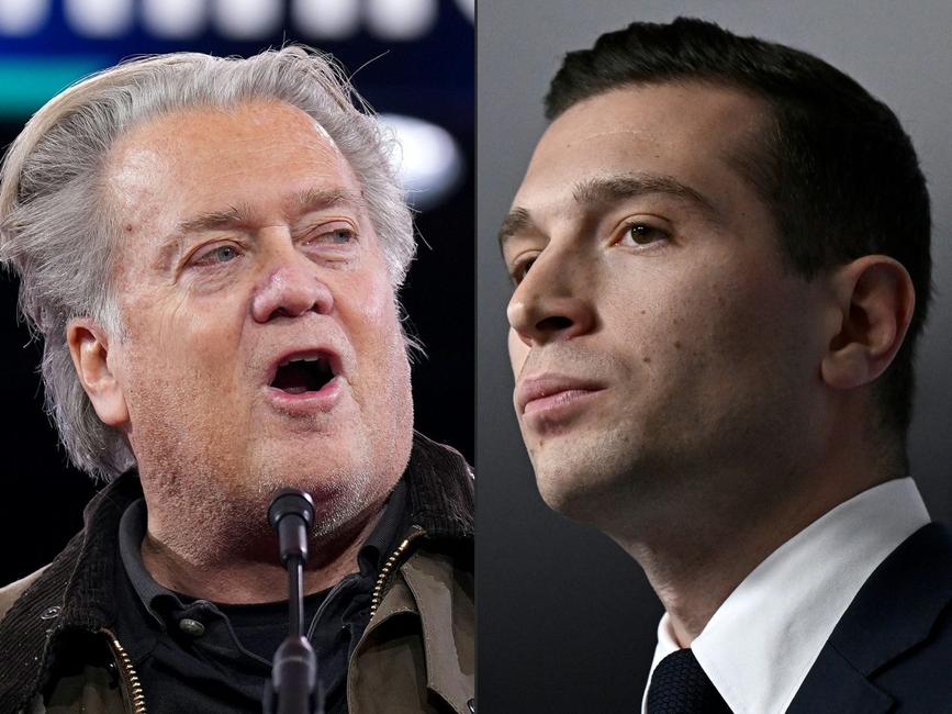 Cette combinaison d'images montre Steve Bannon, le 20 février 2025 à Oxon Hill, Maryland, et Jordan Bardella, à Paris, le 30 juin 2024.