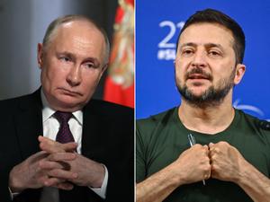 Un montage des portraits de Vladimir Poutine et de Volodymyr Zelensky.