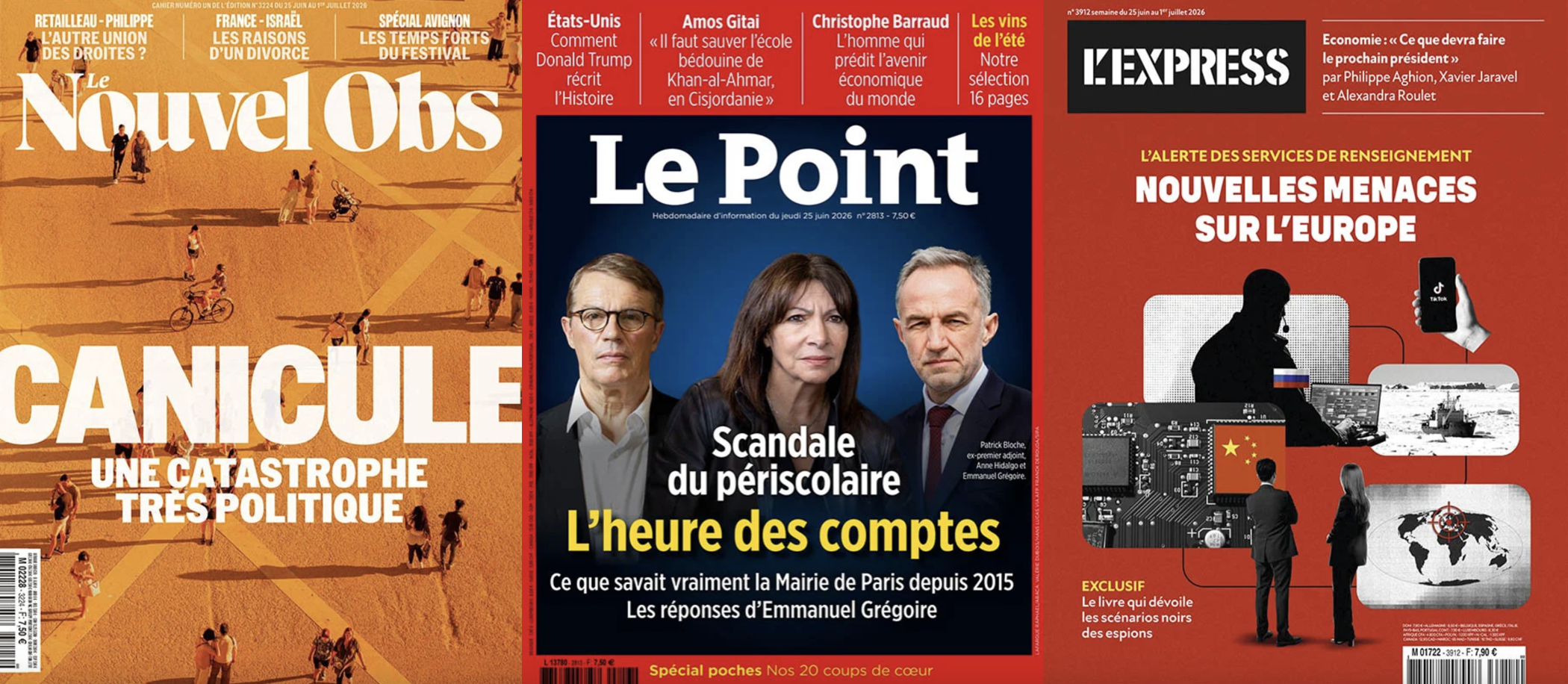 Emmanuel Macron rêve (encore) de reconquérir les Français, le RN s'embourgeoise et séduit les électeurs gays; Le Nouvel Obs et le Point n'ont pas la même vision de la canicule, L'Express répertorie les nouvelles menaces qui pèsent sur l'Europe