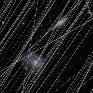 Ce document, fourni par la NASA et obtenu le 3 décembre 2025, présente une image simulant la manière dont la lumière des satellites pollue les images de l'univers capturées par des télescopes spatiaux.