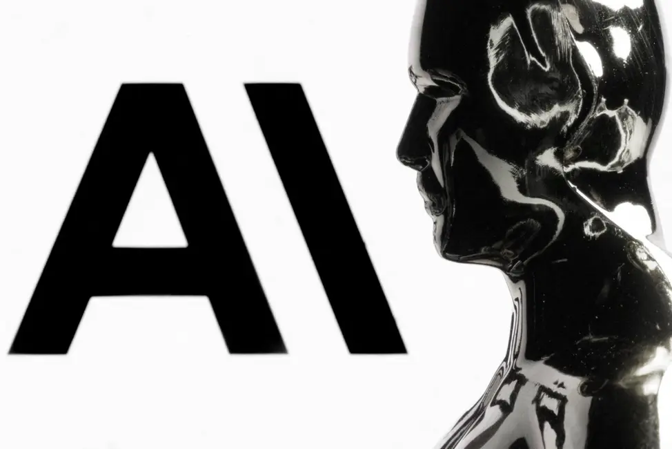 Un mannequin devant le logo de la société américaine de recherche et de sécurité en intelligence artificielle Anthropic, lors d'une séance photo à Paris.