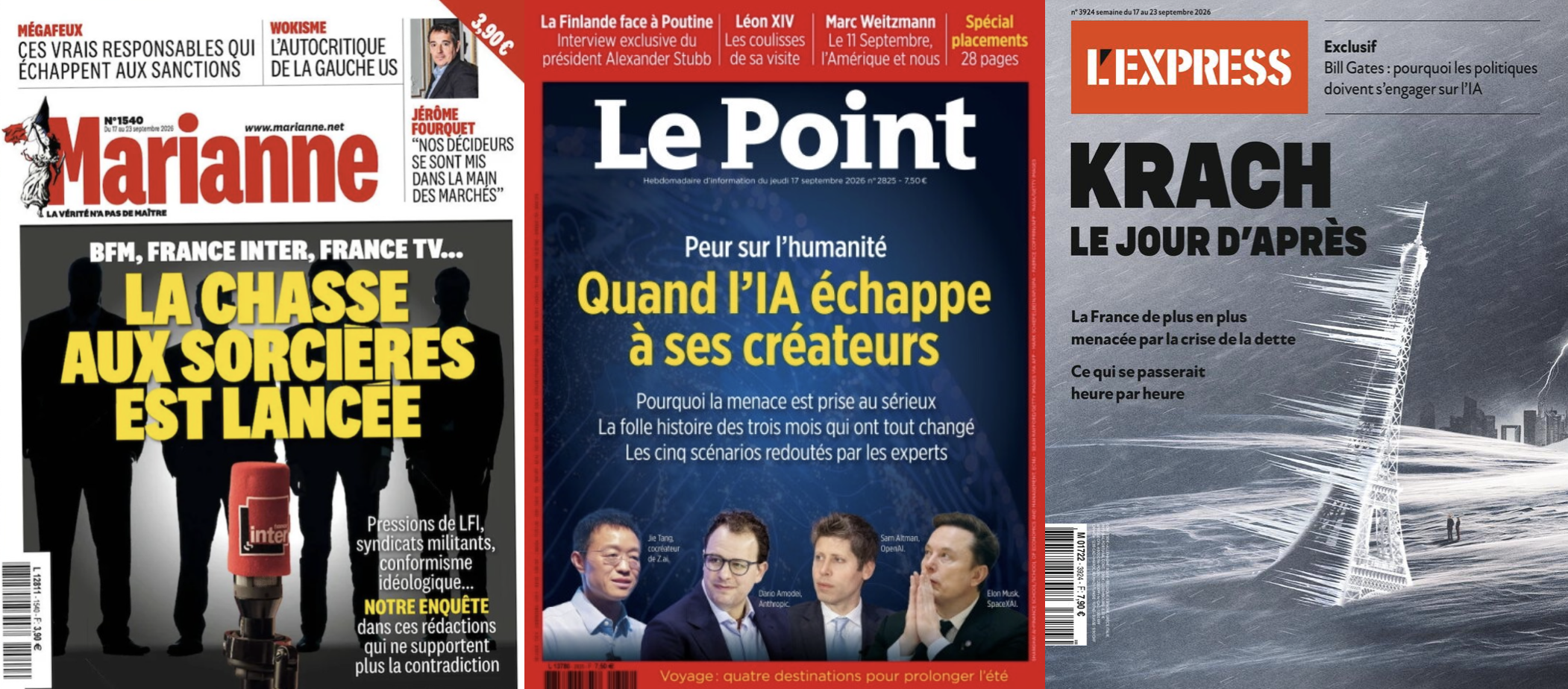 Marianne pleure le pluralisme médiatique, Le Point alimente la peur de l'IA, L'Express décrit l'arrivée de la crise de la dette; Hollande attend le retrait d'Attal; La gauche américaine passe du wokisme au socialisme radical; Bruno Le Maire se punkise