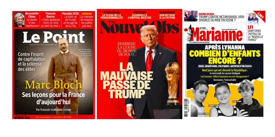 Le Point raconte le hold-up de Trump sur le foot, Marianne le voit divorcer de Netanyahou; L'Express voit la GenZ sacrifiée & attribue la fronde anti-IA aux géants de la tech; Pédocriminalité : tous responsables? A l'hôpital les mandarins tous coupables?