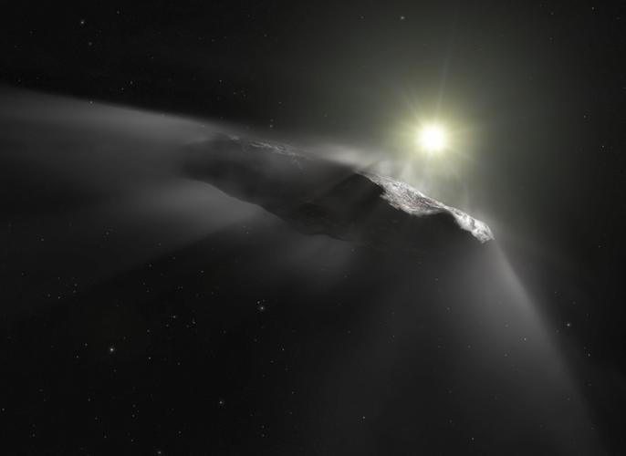 Une photo distribuée par l'Agence spatiale européenne le 27 juin 2018 montre une impression d'artiste du premier objet interstellaire découvert dans le système solaire, Oumuamua.
