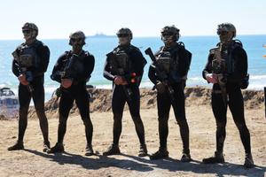 Une équipe de Navy SEALs américains participe aux festivités du 250e anniversaire des Marines américains, qui se déroulent sur la plage rouge de Camp Pendleton, le 18 octobre 2025 à Oceanside, en Californie.