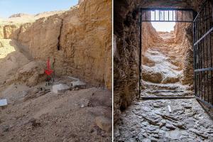 Ces photos diffusées par le ministère égyptien des Antiquités le 19 février 2025 montrent l'entrée du tombeau du roi Thoutmosis II à Louxor, dans le sud de l'Égypte.