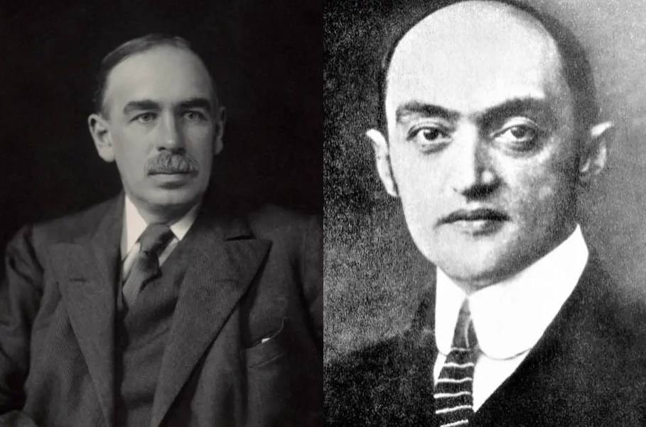 Les portraits de John Maynard Keynes (à gauche) et de Joseph Schumpeter (à droite). Image d'illustration.