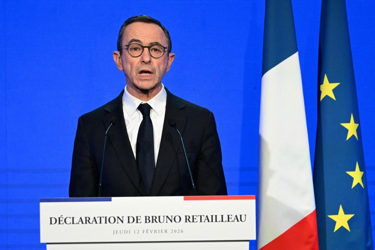 L'ancien ministre français de l'Intérieur, Bruno Retailleau, s'adresse à un public parisien le 12 février 2026, à l'occasion de l'annonce de sa candidature à l'élection présidentielle française de 2027.
