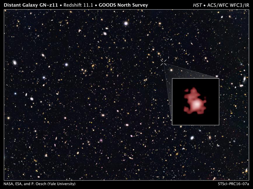 Une brillante galaxie naissante, nommée GN-z11, vue telle qu'elle était il y a 13,4 milliards d'années, soit seulement 400 millions d'années après le Big Bang.