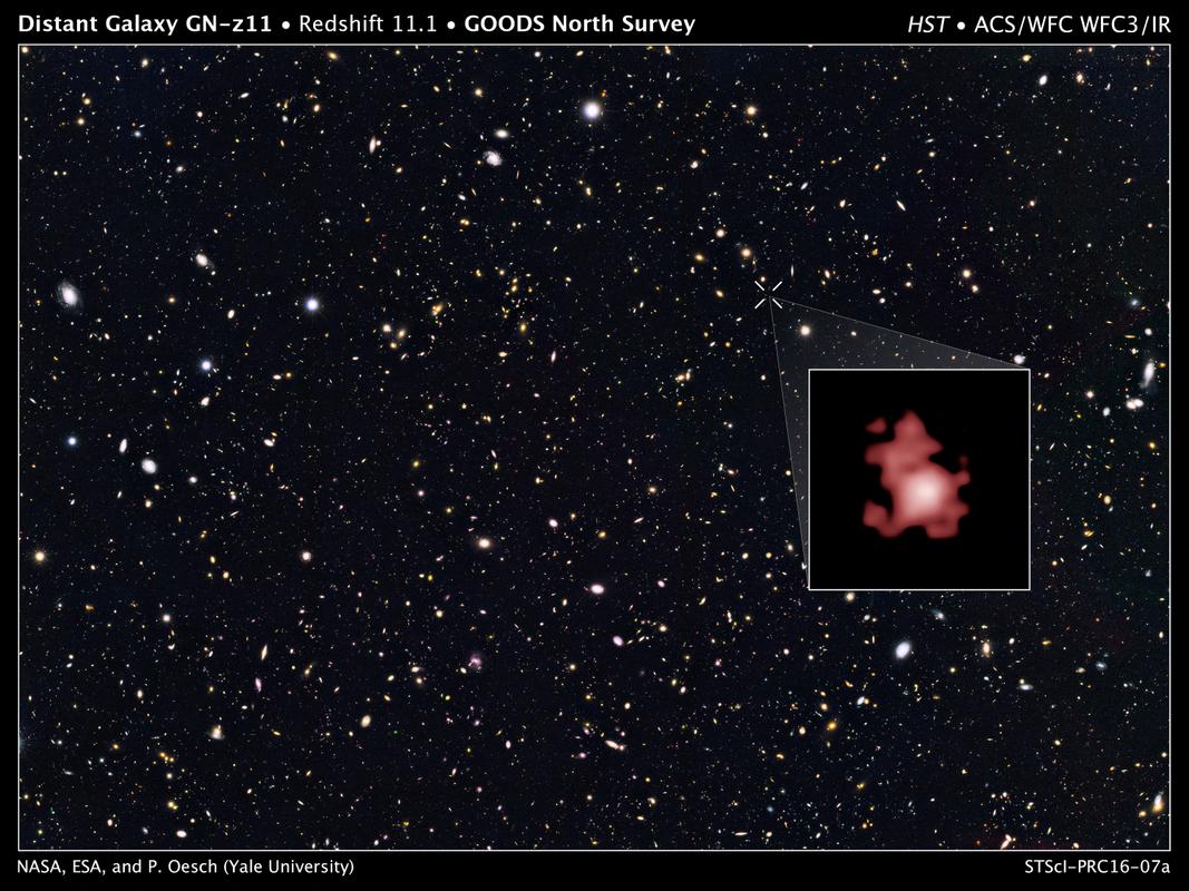 Une brillante galaxie naissante, nommée GN-z11, vue telle qu'elle était il y a 13,4 milliards d'années, soit seulement 400 millions d'années après le Big Bang.
