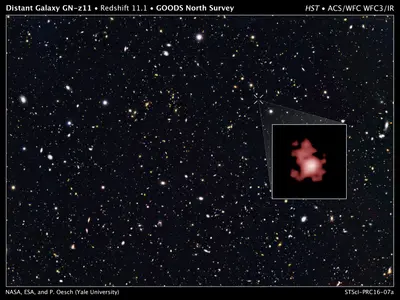 Une brillante galaxie naissante, nommée GN-z11, vue telle qu'elle était il y a 13,4 milliards d'années, soit seulement 400 millions d'années après le Big Bang.