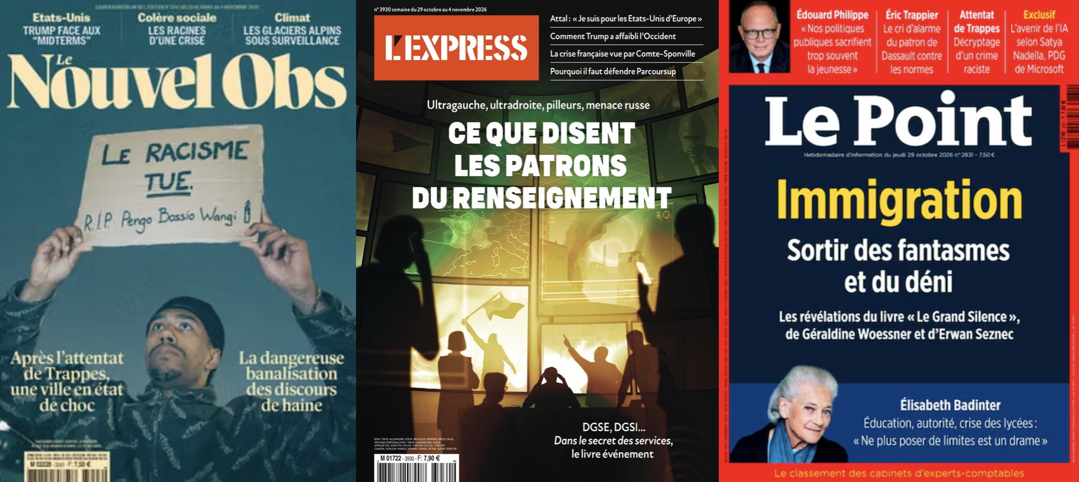 L'Obs analyse la menace d'ultradroite, L'Express la surveillance de l'ultragauche, Le Point trouve la note juste sur l'immigration; Le RN retourne les milieux macronistes; Philippe fait dans les lieux communs, Bagayoko dans le relativisme, Attal européise