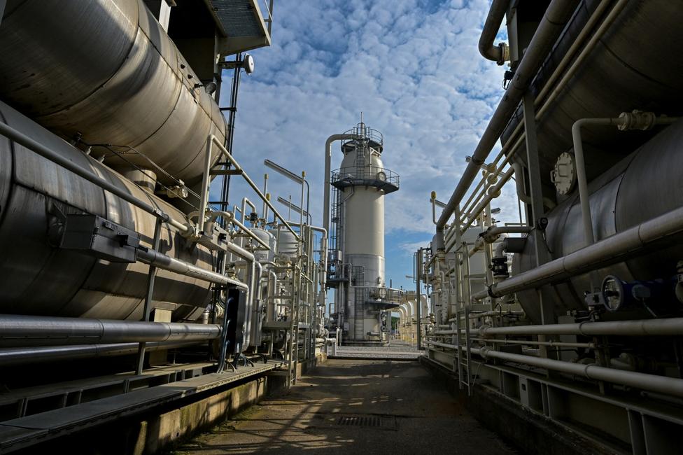 La photo, prise le 9 mai 2022, montre des équipements exploités par GCA (Gas Connect Austria) et TAG (Trans Austria Gas pipelines) sur l’un des plus grands nœuds d’interconnexion gazière d’Europe, situé à Baumgarten an der March, en Basse-Autriche.