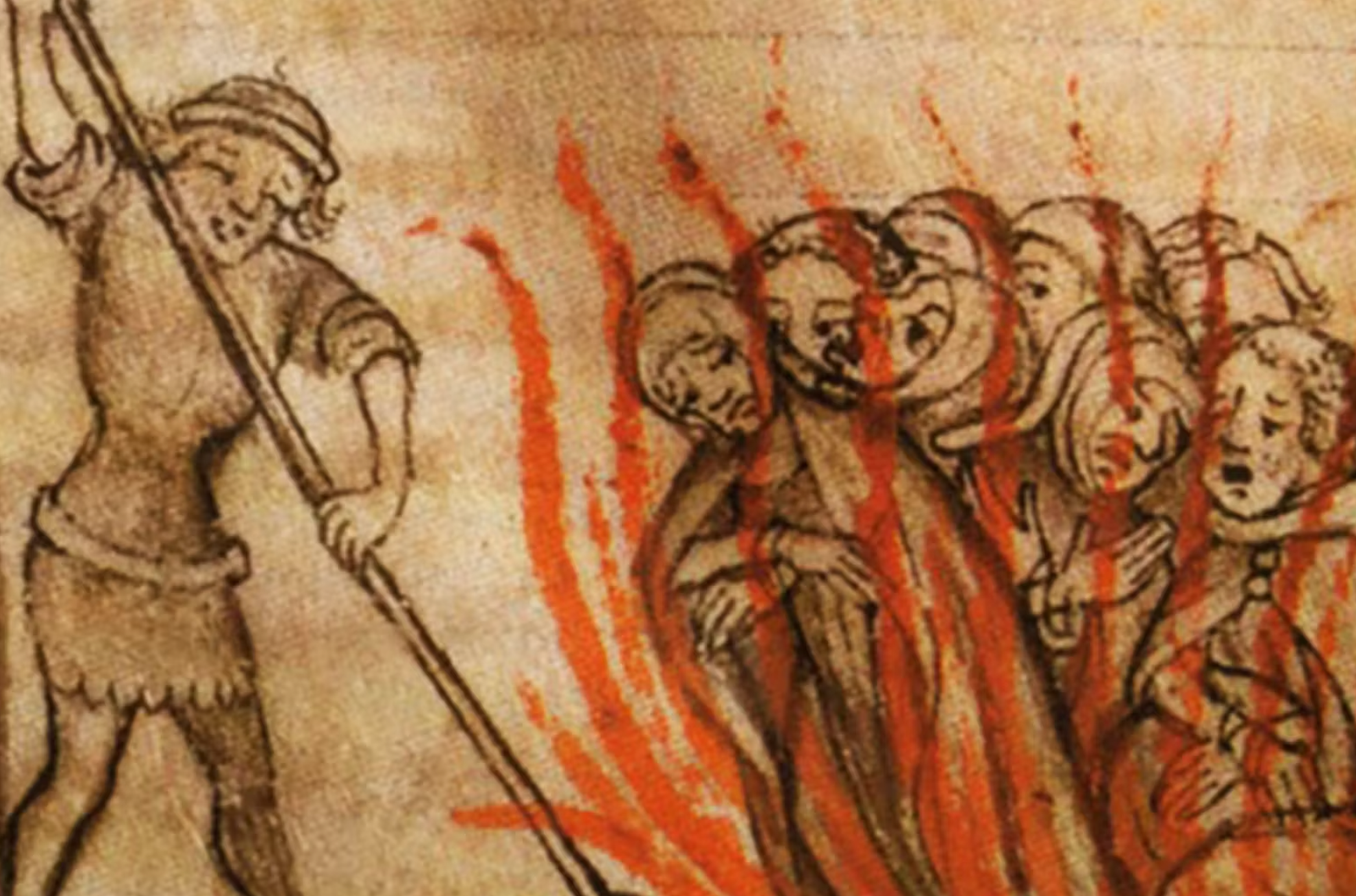 Templiers brûlés sur le bûcher, illustration tirée d'une chronique allemande anonyme, "De la Création du monde jusqu'à 1384"