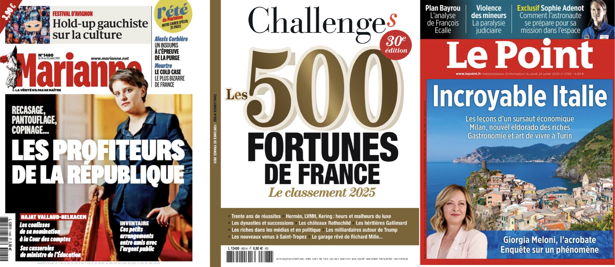 Marianne dénonce les profiteurs de la République; L'entourage de Bayrou croit à son destin, Emmanuel Grégoire à celui de Dati; Le capitalisme rit dans Challenges, les sous-préfecture pleurent dans le Point; Emmanuel Carrère voit Macron en vieille chouette