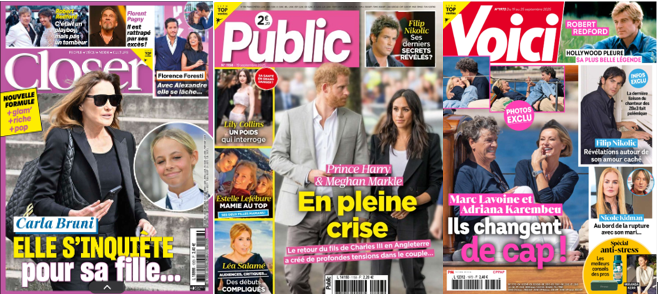 Monica Bellucci & Tim Burton rompent, Marc Lavoine & Adriana Karembeu approfondissent, Léa Salamé et Raphaël G. font chambre à part; Carla Bruni s'inquiète pour sa fille; Melania Trump & la princesse de Galles copinent, la Reine de Danemark s'encanaille