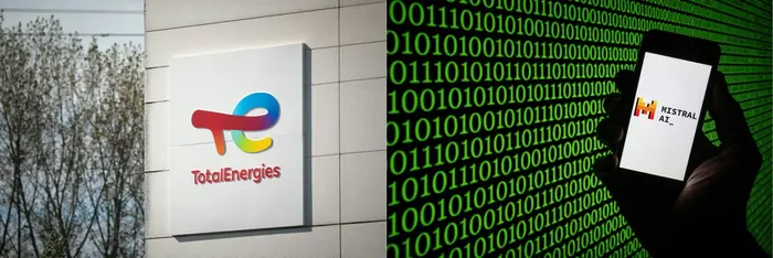 Ce montage photo, réalisé le 15 septembre 2026, montre (ARCHIVES) le logo de TotalEnergies (à gauche) sur le site de la raffinerie Total Energies de Gonfreville-l'Orcher, près du Havre, dans le nord-ouest de la France, le 5 octobre 2022 ; et (ARCHIVES) le logo de Mistral Ai sur un smartphone à Mulhouse, dans l'est de la France, le 25 mars 2024.