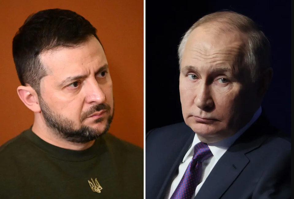 Les portraits de Volodymyr Zelensky et de Vladimir Poutine.