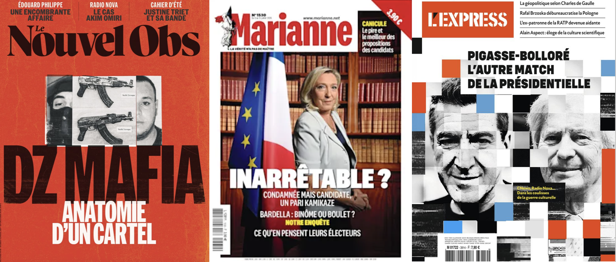 Le Nouvel Obs voit Edouard Philippe guetté par une affaire Fillon bis, Marianne Bardella comme un danger pour Le Pen; L'Express s'inquiète de la radicalisation des médias; Le Point descend le programme économique du RN; La DZ mafia s'attaque à l'Etat