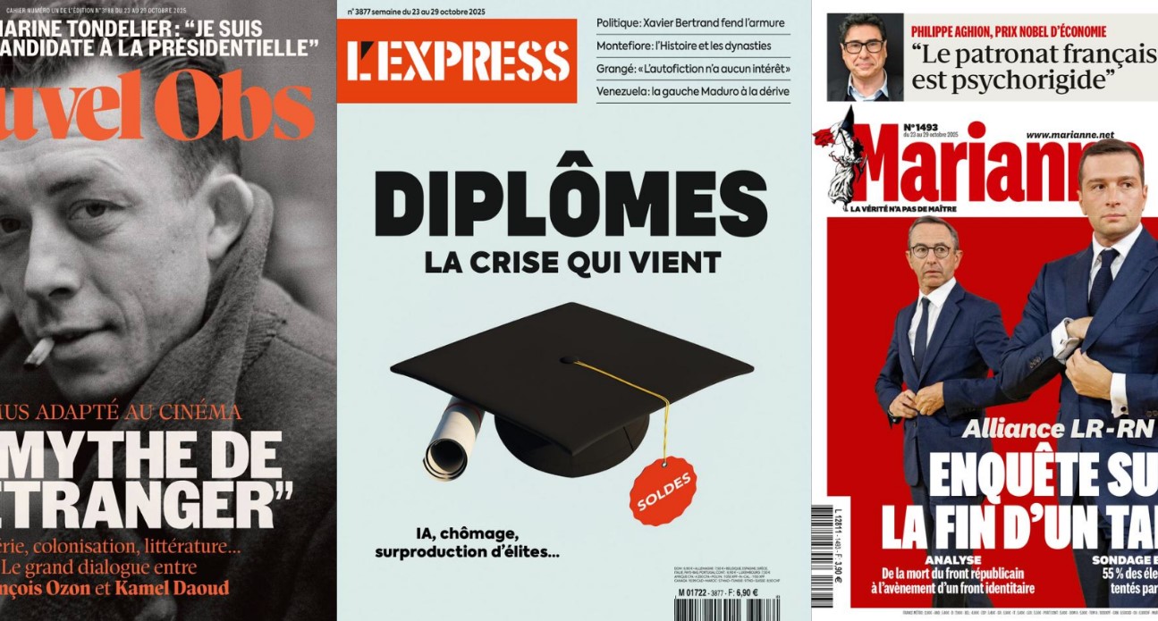 L'Express enterre l'avenir des diplômés, Le Point dévalue celui d'Edouard Philippe ; Marianne voit un front identitaire succéder au front républicain, Challenges Macron en être autarcique ; Marine Tondelier fait l'amour à la France, Xavier Bertrand aussi