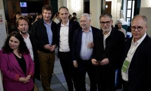 Léa Balage el Mariky, Boris Vallaud, Yannick Jadot, Raphaël Glucksmann, Ronan Dantec, Olivier Faure et Bruno Rebelle réunis pour un débat organisé à Montreuil, le 11 avril 2026.