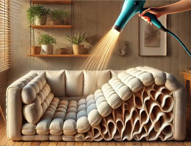 Imaginez que vous achetiez dans un magasin de meubles un drap plat qui se transforme en canapé lorsque vous le chauffez avec un sèche-cheveux. Image d'IA créée par Dall-E d'OpenAI.