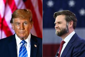 Cette combinaison d'images montre l'ancien président américain et candidat à la présidentielle de 2024 Donald Trump à Palm Beach, en Floride, le 5 mars 2024 et le sénateur américain JD Vance, républicain de l'Ohio, à National Harbor, dans le Maryland, le 23 février 2024.
