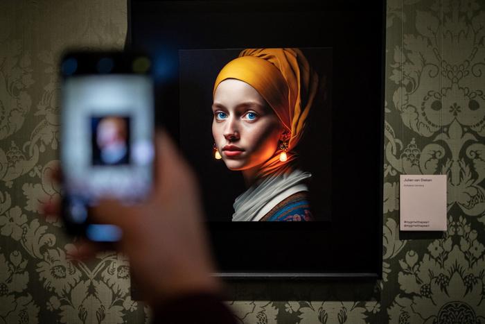 Une image conçue avec une intelligence artificielle par le créateur numérique berlinois Julian van Dieken inspirée par le tableau de Johannes Vermeer « La Jeune Fille à la perle » au musée Mauritshuis à La Haye, le 9 mars 2023.