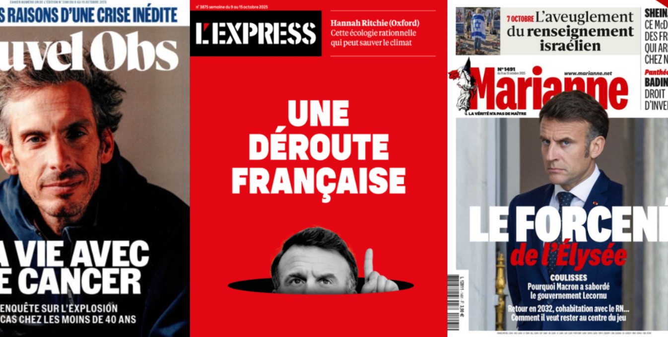 Marianne psychanalyse Macron, Le Point l'invite à partir; L'Express pointe la déroute économique française, Challenges voit Mélenchon basculer dans sa phase papy gentil; Darmanin joue les voyantes, Fabius expose ses talents de peintre à Shanghai
