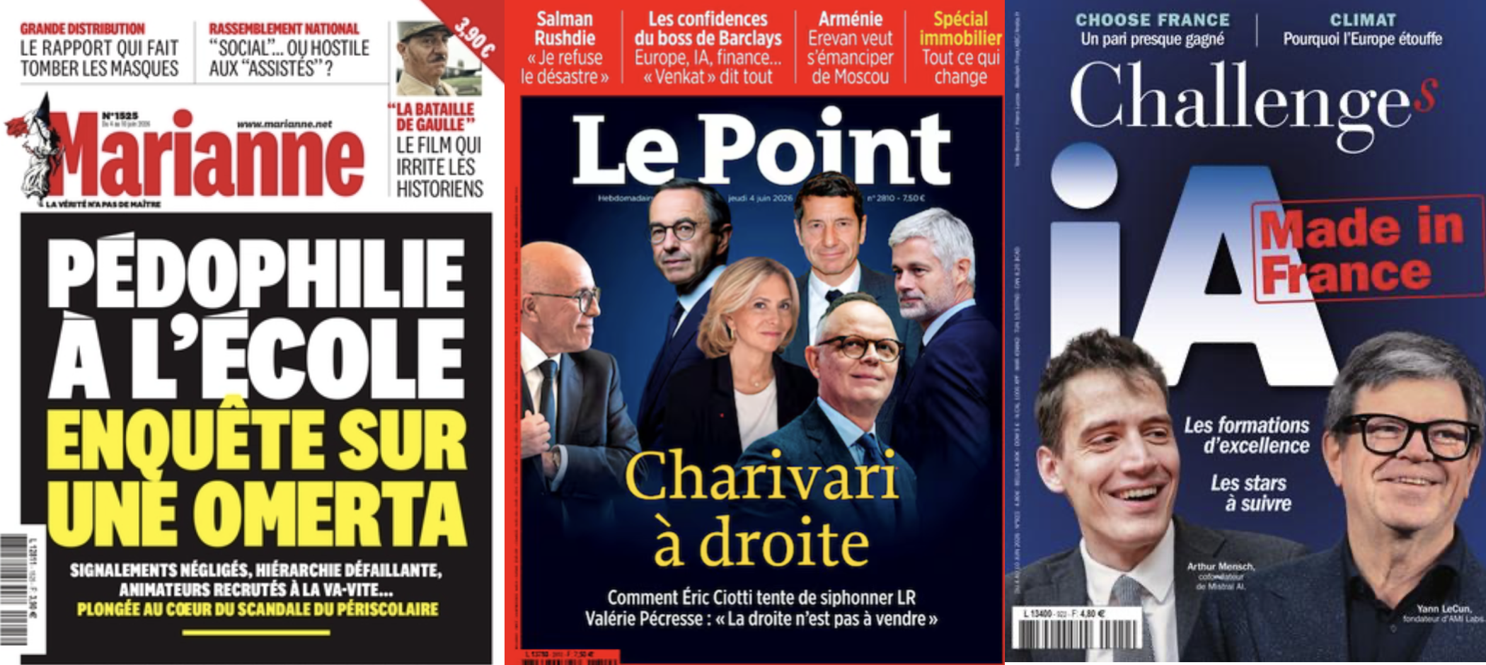 Scandale du périscolaire : Marianne révèle les manoeuvres de la Mairie de Paris; Le Point voit Ciotti siphonner LR; Challenges veut croire en l'IA française, Le Nouvel Obs dénonce ses faux prophètes; La Boétie, think tank fatal de Mélenchon