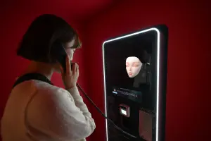 Une femme en conversation avec un robot chaman doté d'intelligence artificielle, exposé dans une machine à prédire l'avenir dans une boutique à thème chamanique de Séoul.