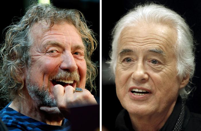Le chanteur Robert Plant (à g.) en 2012 et le guitariste Jimmy Page en 2015, du groupe de rock britannique Led Zeppelin.