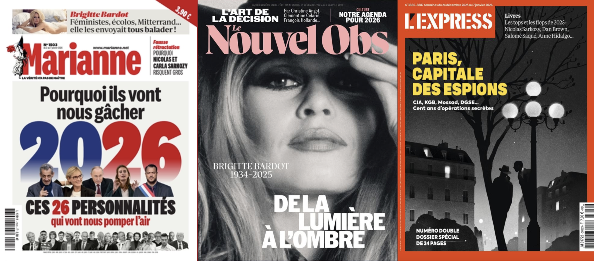 Marianne a 26 têtes de turcs pour 2026, l’Obs trouve l’Occident insensible; L’Express douche le rapprochement franco-allemand, Le Point les conservateurs américains; droite & centre sombrent dans le spleen ; Brigitte Bardot jugeait Macron «maléfique»