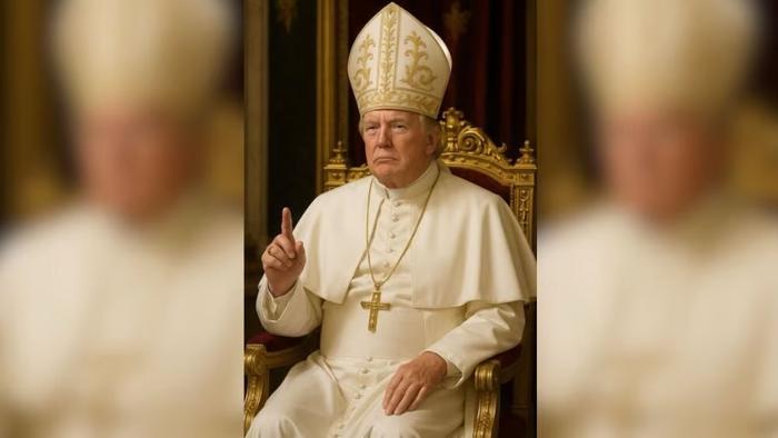 Donald Trump habillé en tenue de pape, contenu certainement généré par intelligence artificielle.
