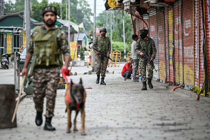Des paramilitaires indiens patrouillent avec un chien renifleur sur un marché de Srinagar, le 10 mai 2025.